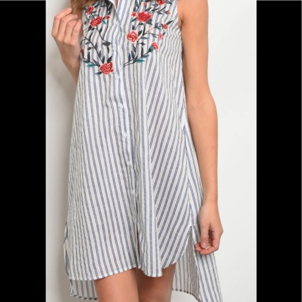 Embroidered pinstriped dress